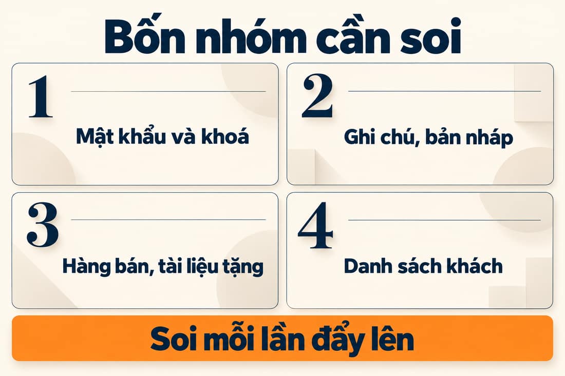 Bảng bốn nhóm cần soi mỗi lần đẩy lên: mật khẩu và khoá, ghi chú bản nháp, hàng bán, danh sách khách