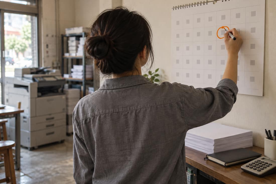 Tiệm photocopy nhìn từ sau đầu và vai: tay cầm bút dạ khoanh một ô trên tờ lịch treo tường, nét khoanh màu cam