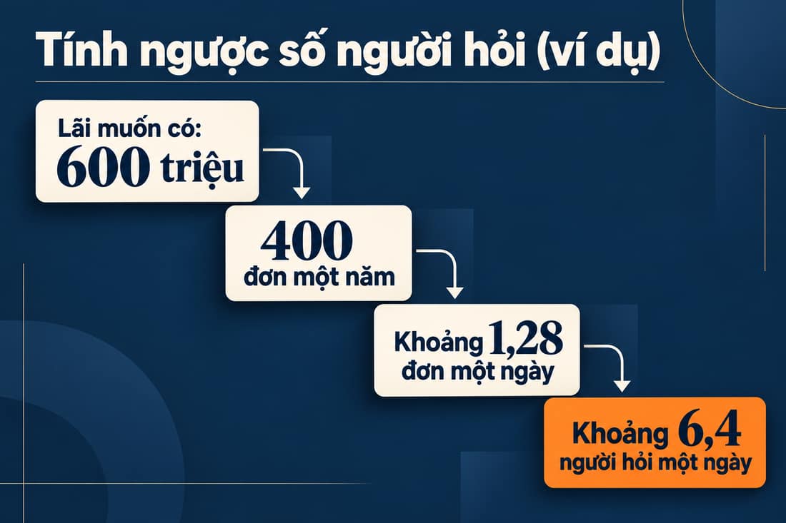 Sơ đồ bốn bậc (ví dụ): lãi 600 triệu, 400 đơn một năm, khoảng 1,28 đơn một ngày, khoảng 6,4 người hỏi một ngày