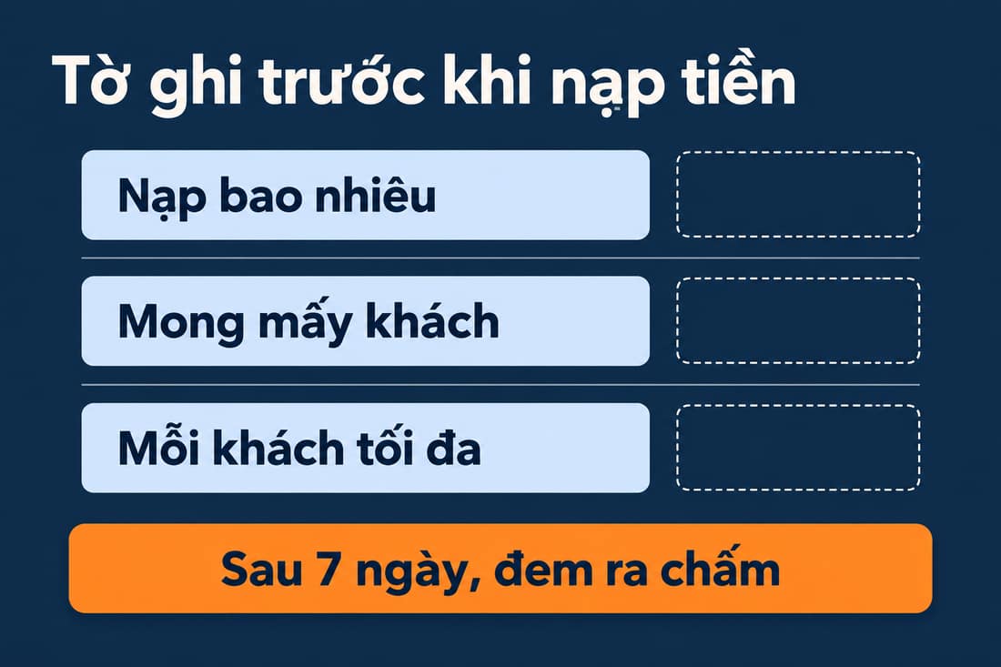 Sơ đồ tờ ba dòng trước khi nạp tiền: nạp bao nhiêu, mong mấy khách, mỗi khách tối đa, rồi chấm sau 7 ngày