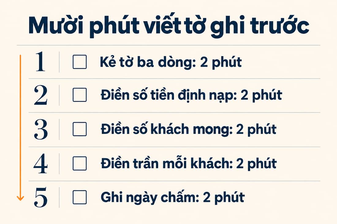 Bảng năm việc trong mười phút để viết tờ ghi trước khi nạp, từ kẻ tờ ba dòng đến ghi ngày chấm