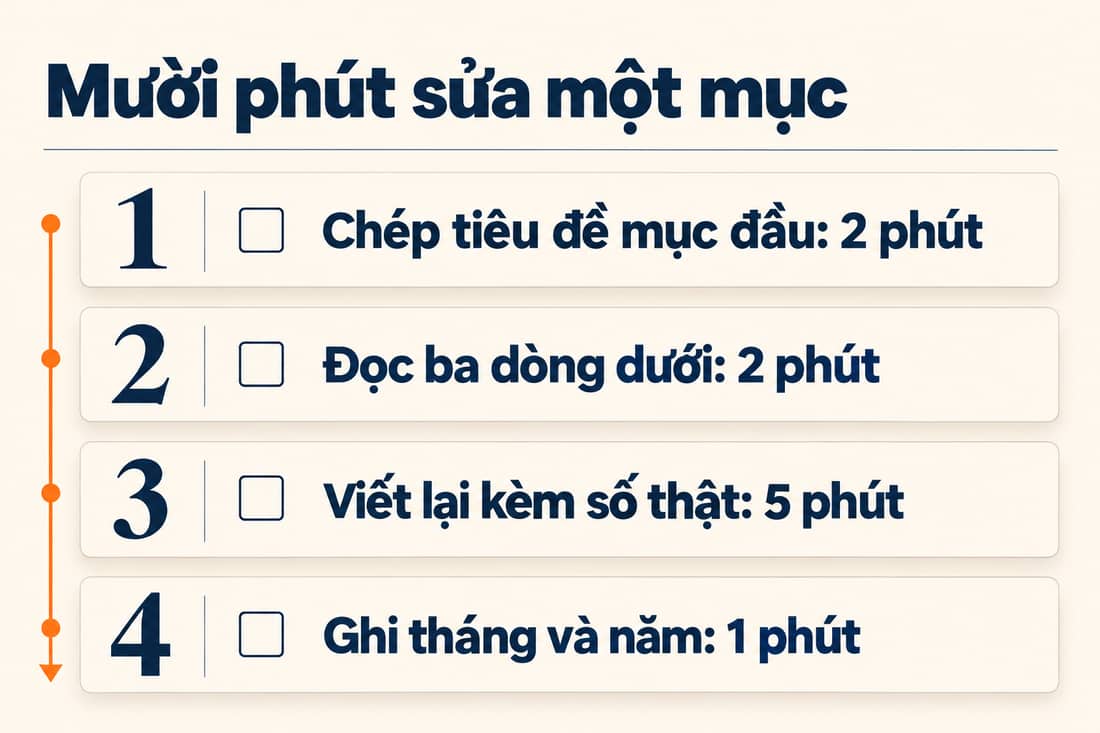 Bảng bốn việc sửa một mục trong mười phút, ghi sẵn số phút