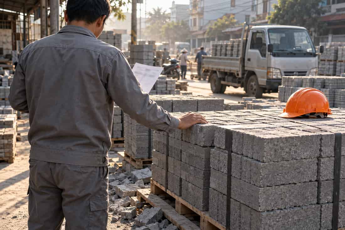 Cảnh vừa ở bãi vật liệu: tay cầm hoá đơn cạnh pa-lét gạch xám, mũ bảo hộ cam, gạch vỡ dưới chân, xe tải phía sau