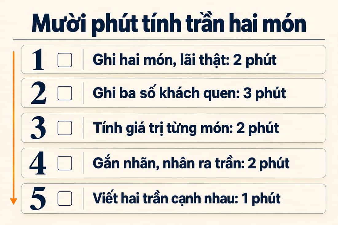 Bảng năm việc trong mười phút để tính trần cho hai món, từ chọn món đến viết hai trần cạnh nhau