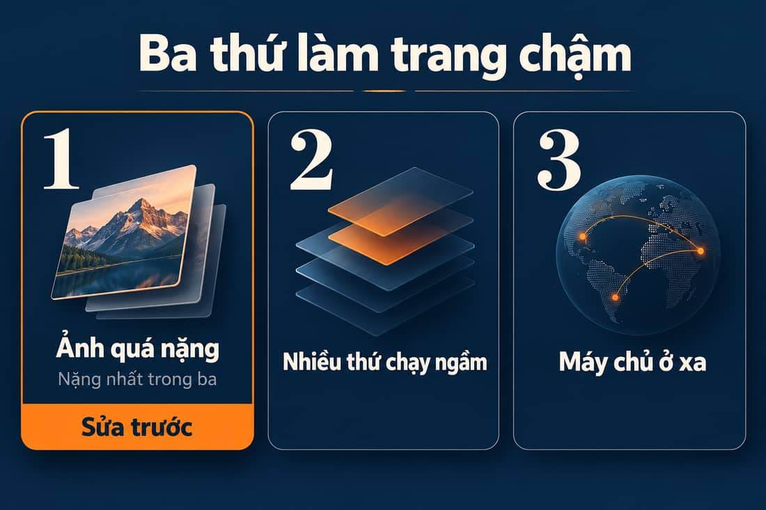 Ba thứ làm trang chậm: ảnh quá nặng, nhiều thứ chạy ngầm, máy chủ ở xa, trong đó ảnh quá nặng viền cam, kèm dải nhỏ Sửa trước bên dưới