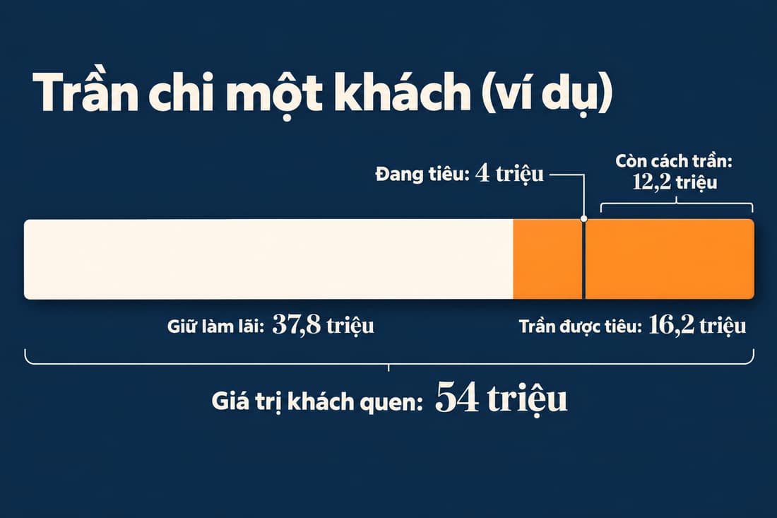 Sơ đồ thanh (ví dụ): 54 triệu chia thành 37,8 triệu giữ làm lãi và trần 16,2 triệu, có vạch đang tiêu 4 triệu