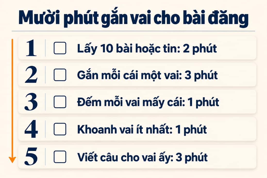 Bảng năm việc trong mười phút để gắn vai cho bài đăng, từ lấy 10 bài đến viết một câu cho vai ít nhất
