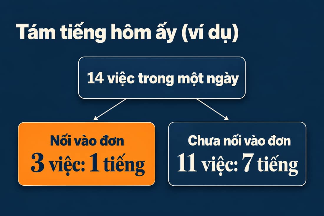 Sơ đồ chia mười bốn việc thành ba việc nối vào đơn mất một tiếng và mười một việc chưa nối mất bảy tiếng