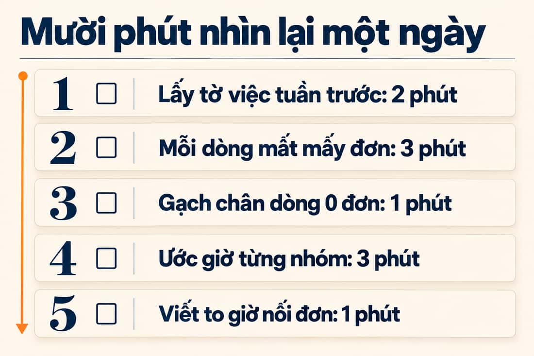 Bảng năm việc trong mười phút để nhìn lại danh sách việc của một ngày