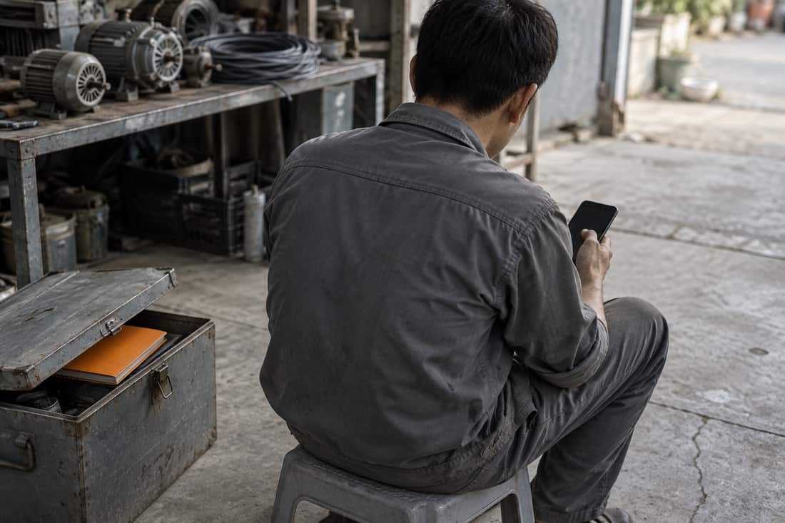 Người ngồi ghế đẩu sau cửa hàng điện lạnh, nhìn từ phía sau: điện thoại trên đùi, cạnh ghế hộp dụng cụ, sổ bìa cam