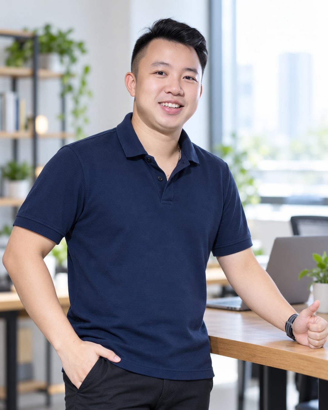 Anh Tú, người sáng lập Làm Được, mỉm cười giơ ngón cái trong văn phòng