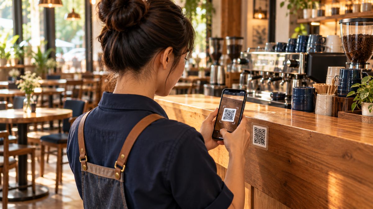 Nhân viên quét mã QR trên điện thoại để chấm công vào ca