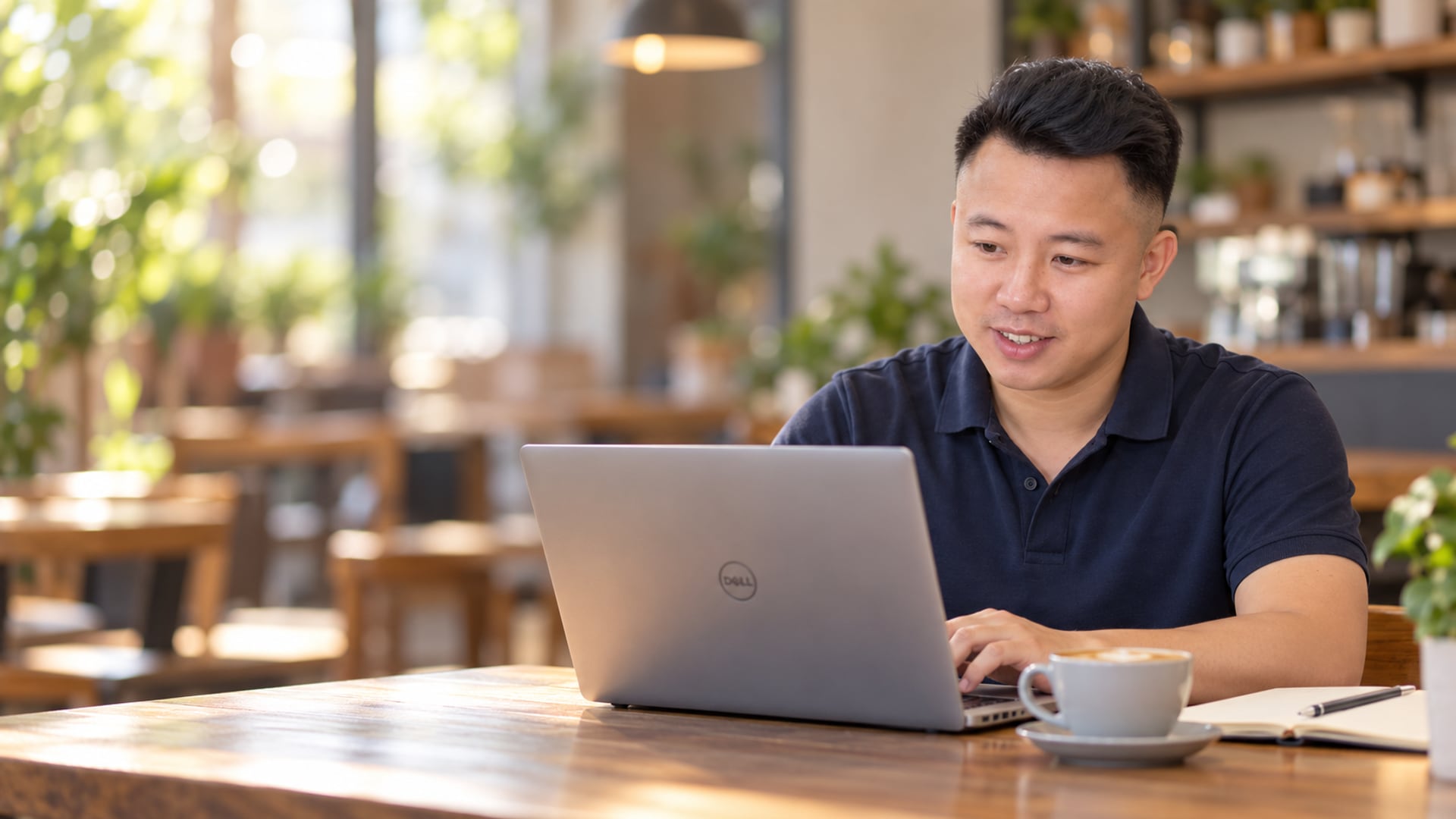 Anh Tú, người sáng lập Làm Được, làm việc với laptop trong quán cà phê