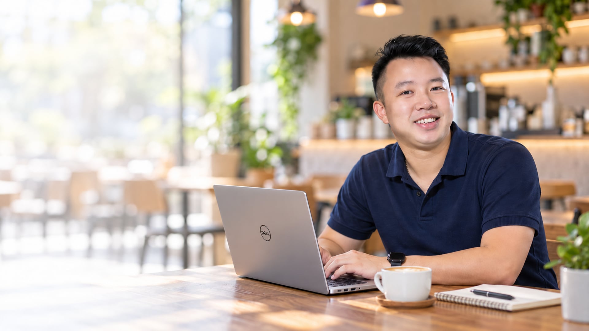 Anh Tú, người sáng lập Làm Được, ngồi quán cà phê mỉm cười bên laptop